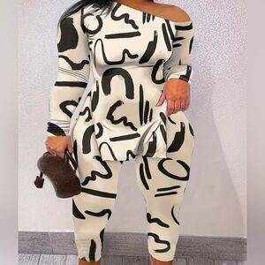 ChicMe Abstract Cream & black two piece pants set size medium